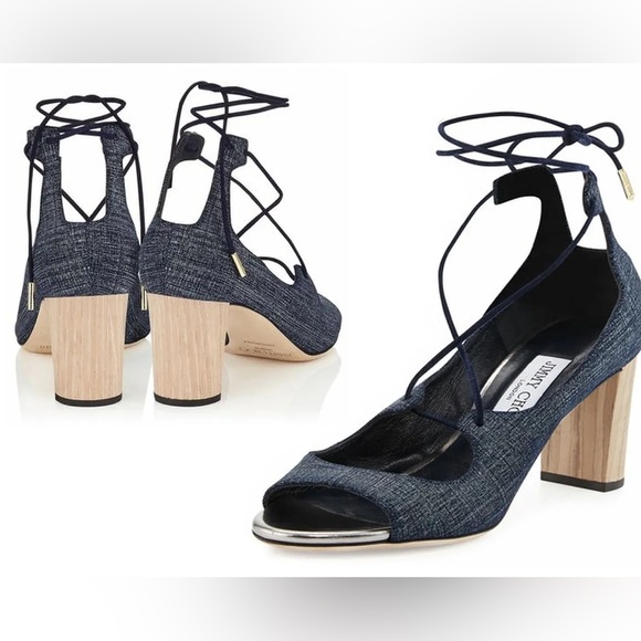 Jimmy Choo Shoes - JIMMY CHOO Gorgeous Denim Blue “Vernie” Strappy Sandals with Wood Heel 💙 👖